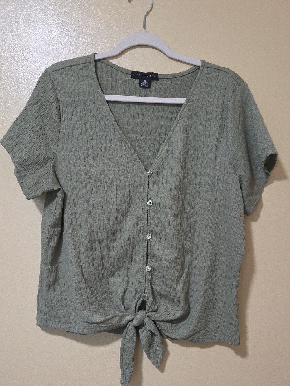 Sanctuary Sage Green Tie-Front Button V-Neck Top